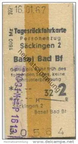 Deutschland - Tagesrückfahrkarte Personenzug - Säckingen - Basel Bad Bf. - Fahrkarte 2. Klasse 1967