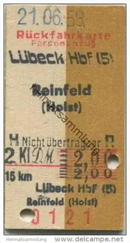 Deutschland - Rückfahrkarte Personenzug - Lübeck Hbf - Reinfeld (Holstein) 1958 - Fahrharte 2. Klasse