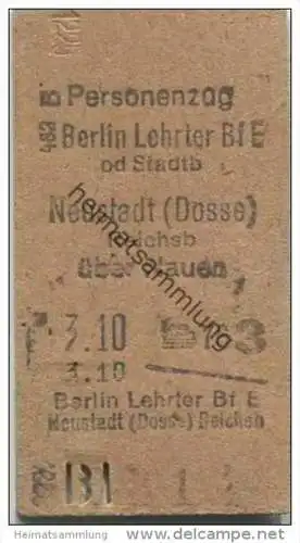 Deutschland - Personenzug - Berlin Lehrter Bahnhof Neustadt (Dosse) über Nauen - rückseitig Stempel: Fahrkartenausgabe B