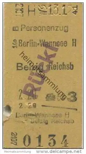 Deutschland - Personenzug - Berlin Wannsee H - Belzig Reichsb - Fahrkarte 3. Klasse 1941