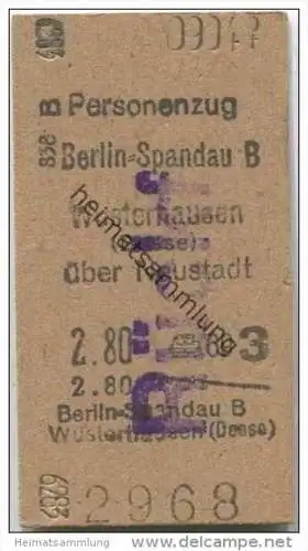 Deutschland - Personenzug - Berlin Spandau B Wusterhausen (Dosse) über Neustadt 1946 - Fahrkarte 3. Klasse