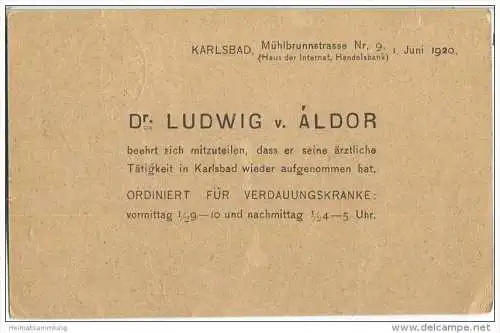 Postkarte - Tschechien - rückseitig Zudruck eines Arztes 'ordiniert für Verdauungskranke' - gelaufen 1920