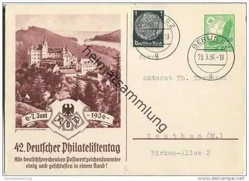 Postkarte - Privatganzsache - 42. Deutscher Philatelistentag 6.-7. Juni 1936 - gelaufen am 29. Mai 1936!