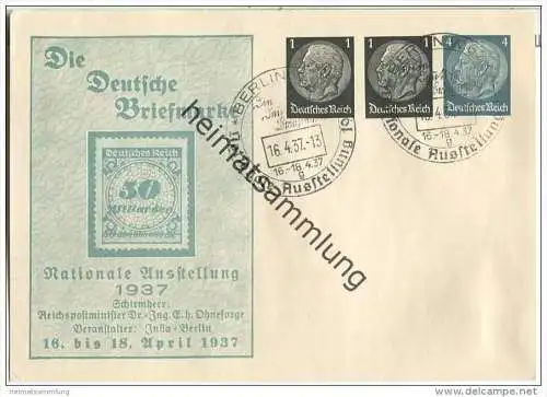 Postkarte - Privatganzsache Die Deutsche Briefmarke - Nationale Ausstellung 1937 - Sonderstempel