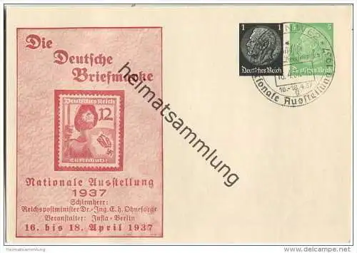 Postkarte - Privatganzsache Die Deutsche Briefmarke - Nationale Ausstellung 1937 - Sonderstempel