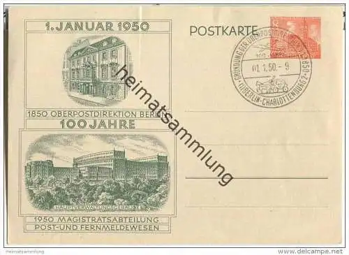 Postkarte Berlin - 100 Jahre Oberpostdirektion - am 8.1.1950 als Ortskarte gelaufen - Grusstext