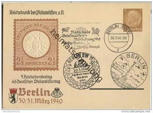 Postkarte - Privatganzsache 5. Reichsbundestag - 46. Deutscher Philatelistentag Berlin 1940 - Sonderstempel