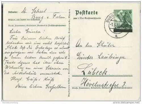 Postkarte - Wir danken unserem Führer - Zum 1. Mai Grossdeutschlands - bedarfsgelaufen