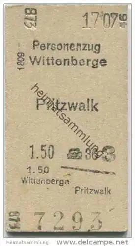 Deutschland - Personenzug - Wittenberge Pritzwalk 1946 - rückseitig ungebrauchte Bahnsteigkarte