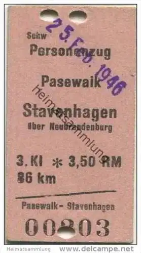 Deutschland - Personenzug - Pasewalk Stavenhagen über Neubrandenburg 3. Klasse 1946