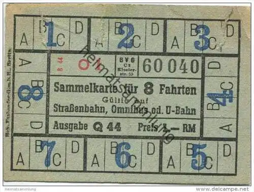 Deutschland - Berlin - BVG Klosterstrasse 59 - Sammelkarte für 8 Fahrten 1944 - Gültig auf Strassenbahn Omnibus oder U-B