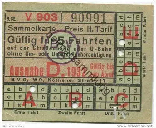 Deutschland - Berlin - BVG - Sammelkarte 1932 - Gültig für 5 Fahrten auf der Strassenbahn oder U-Bahn ohne Um- oder Uebe