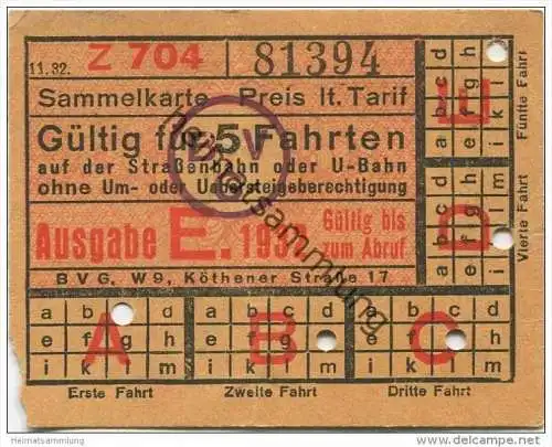 Deutschland - Berlin - BVG - Sammelkarte 1932 - Gültig für 5 Fahrten auf der Strassenbahn oder U-Bahn ohne Um- oder Uebe