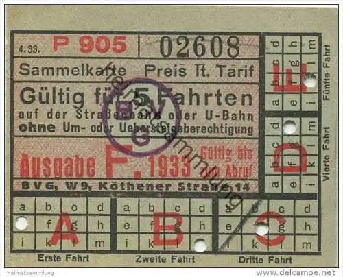 Deutschland - Berlin - BVG - Sammelkarte 1933 - Gültig für 5 Fahrten auf der Strassenbahn oder U-Bahn ohne Umsteigeberec