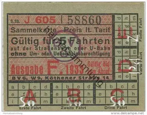 Deutschland - Berlin - BVG Sammelkarte 1933 - Gültig für 5 Fahrten auf der Strassenbahn oder U-Bahn