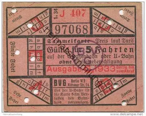 Deutschland - Berlin - BVG Sammelkarte 1934 - Gültig für 5 Fahrten auf der Strassenbahn oder U-Bahn