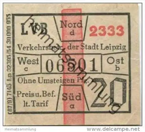 Deutschland - LVB - Verkehrsbetrieb der Stadt Leipzig 1954 - 20Pfg. Fahrschein