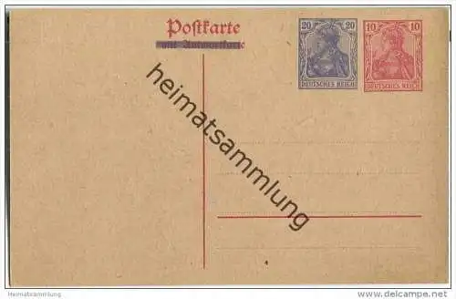 Postkarte - Zudruck Germania 20 Rpfg. blau ""mit Antwortkarte"" überbalkt in blau auf Germaniakarte 10 Rpfg. Frageteil