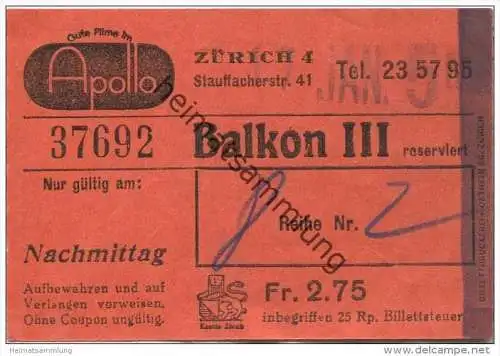 Schweiz - Zürich - Apollo Stauffacherstrasse 41 - Kinokarte