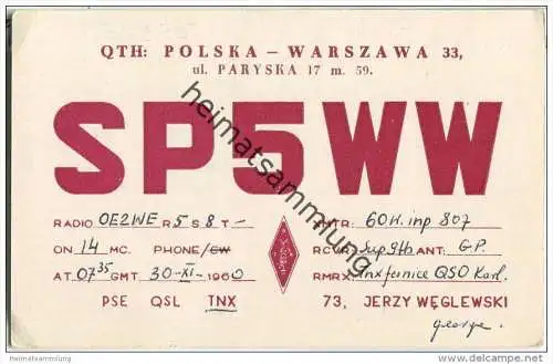 QSL - QTH - Funkkarte - SP5WW - Polska - Warszawa - 1960