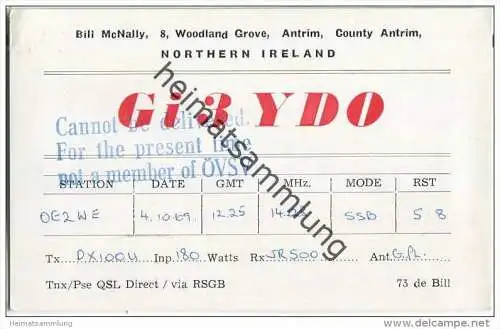 QSL - QTH - Funkkarte - Gi3YDO - Northern Ireland - Antrim - 1969