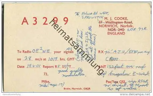 QSL - QTH - Funkkarte - A3299 - Great Britain - Norwich Norfolk - 1965