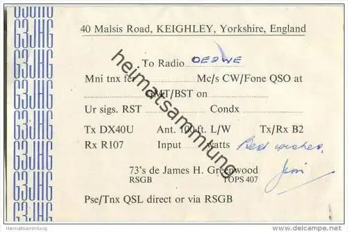 QSL - QTH - Funkkarte - G3JHG - Great Britain - Keighley