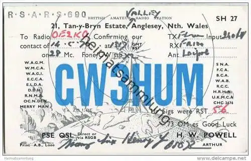 QSL - QTH - Funkkarte - GW3HUM - Great Britain - Anglesey Nth. Wales - 1970