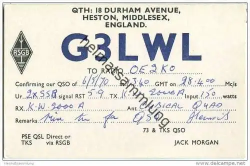 QSL - QTH - Funkkarte - G3LWL - Great Britain - Heston - Middlesex - 1970