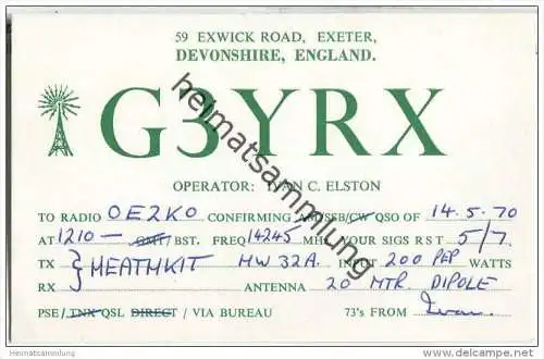 QSL - QTH - Funkkarte - G3YRX - Great Britain - Devonshire - 1970