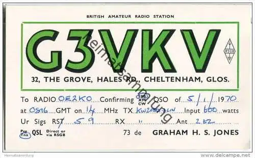 QSL - QTH - Funkkarte - G3VKV - Great Britain - Cheltenham - 1970