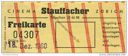 Schweiz - Kinokarte - Zürich - Cinema Stauffacher - Freikarte - Kinokarte 1960