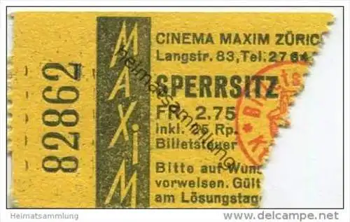 Schweiz - Kinokarte - Zürich - Cinema Maxim - Kinokarte