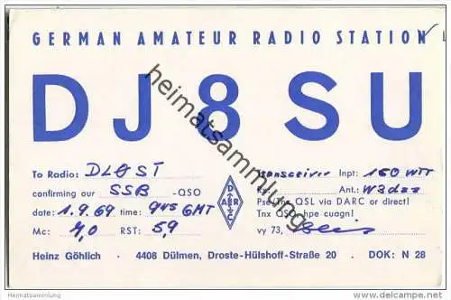 QSL - QTH - Funkkarte - DJ8SU - Dülmen - 1969