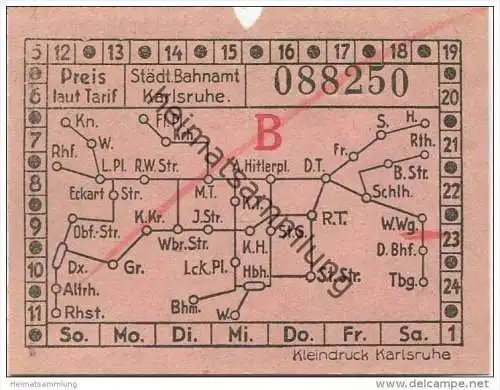 Deutschland - Karlsruhe - Städtisches Bahnamt Karlsruhe - Fahrschein 40er Jahre