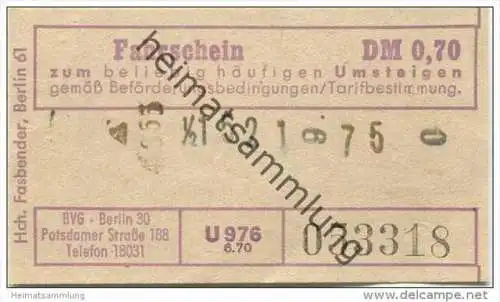 Deutschland - Berlin - BVG - Umsteige Fahrschein 1970 DM 0,70