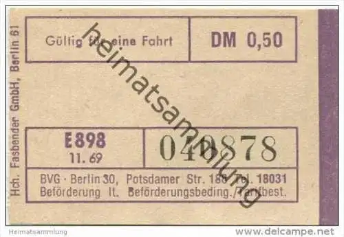 Deutschland - Berlin - BVG - Fahrschein 1969 DM 0,50