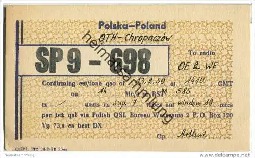 QSL - QTH - Funkkarte - SP9-698 - Polska - Chropaczow - 1959