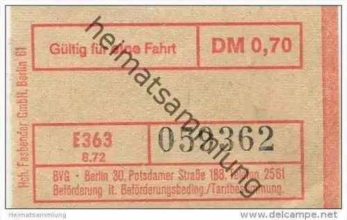 Deutschland - Berlin - BVG - Fahrschein 1972 DM 0,70 - Gültig für eine Fahrt