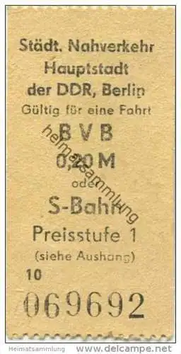 Deutschland - Berlin - DDR Städtischer Nahverkehr - Fahrschein BVB 0,20M oder S-Bahn Preisstufe 1
