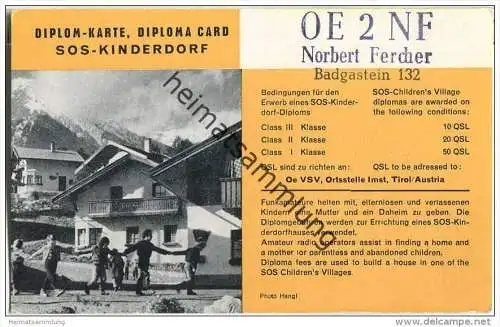 QSL - QTH - Funkkarte - OE2NF - Österreich - Badgastein - Diplomkarte SOS-Kinderdorf - 1959