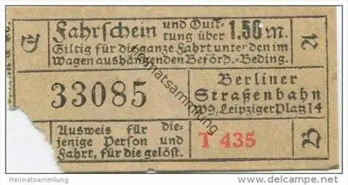 Deutschland - Berlin - Berliner Strassenbahn W. 9 Leipziger Platz 14 - Fahrschein und Quittung 1.50M. 20er Jahre