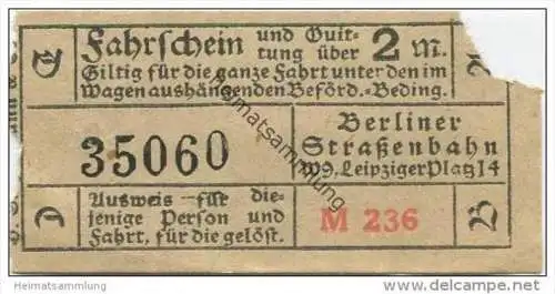 Deutschland - Berlin - Berliner Strassenbahn W. 9 Leipziger Platz 14 - Fahrschein und Quittung 2M. 20er Jahre
