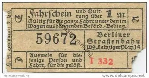Deutschland - Berlin - Berliner Strassenbahn W. 9 Leipziger Platz 14 - Fahrschein und Quittung 1M. 20er Jahre