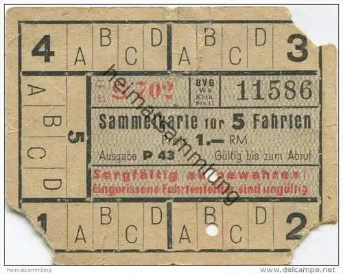 Deutschland - Berlin - Sammelkarte für 5 Fahrten 1943 - auf Strassenbahn oder U-Bahn ohne Umsteigeberechtigung - Preis 1