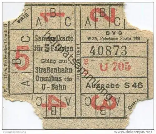Deutschland - Berlin - Sammelkarte für 5 Fahrten 1946 - auf Strassenbahn Omnibus oder U-Bahn