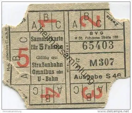 Deutschland - Berlin - Sammelkarte für 5 Fahrten 1947 - auf Strassenbahn Omnibus oder U-Bahn