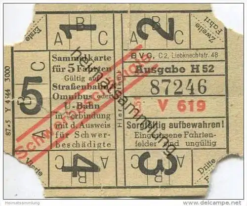 Deutschland - Berlin - Sammelkarte für 5 Fahrten 1951 - auf Strassenbahn Omnibus oder U-Bahn in Verbindung mit dem Auswe