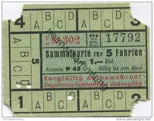 Deutschland - Berlin - Sammelkarte für 5 Fahrten 1943 - auf Strassenbahn oder U-Bahn ohne Umsteigeberechtigung - Preis 1