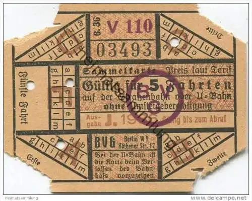 Deutschland - Berlin - Sammelkarte 1936 - Gültig für 5 Fahrten auf der Strassenbahn oder U-Bahn ohne Umsteigeberechtigun